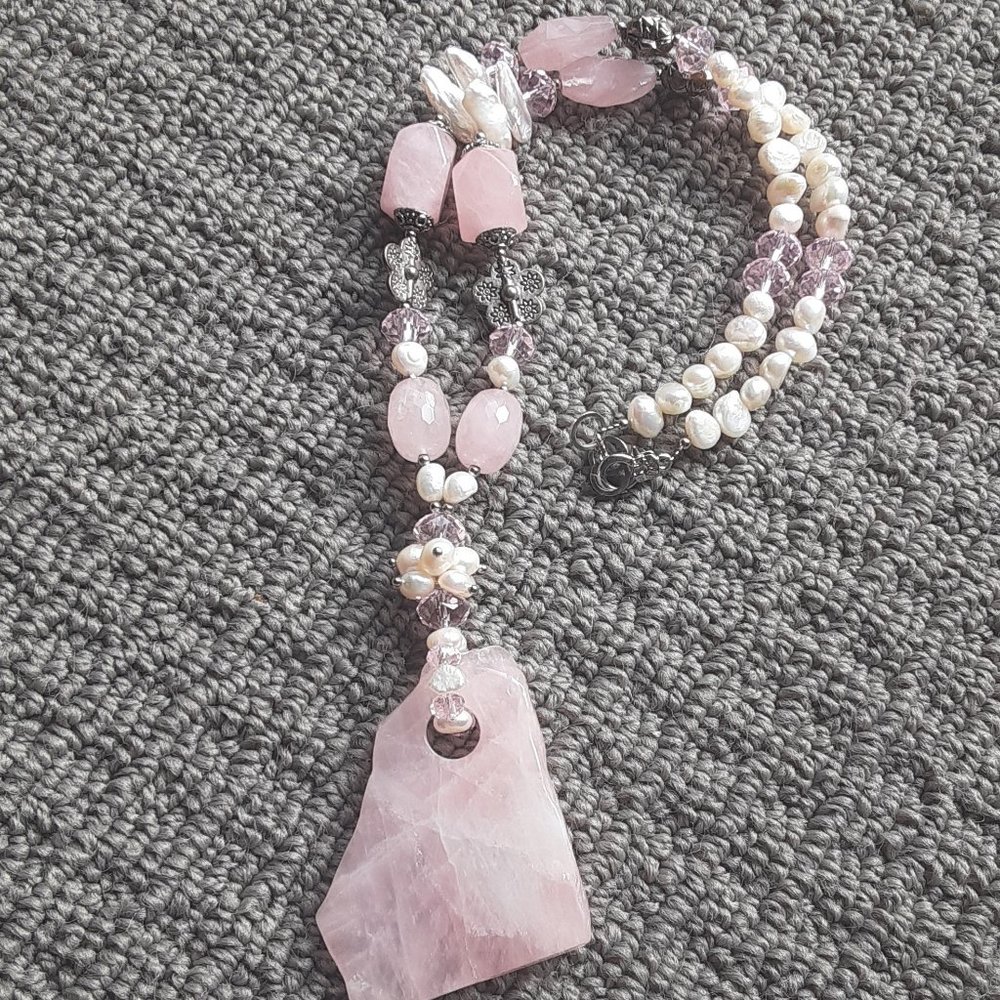 Beautiful Pink Rose Quartz & Pearl Handmade Artisan Necklace- 26.5 inches Long